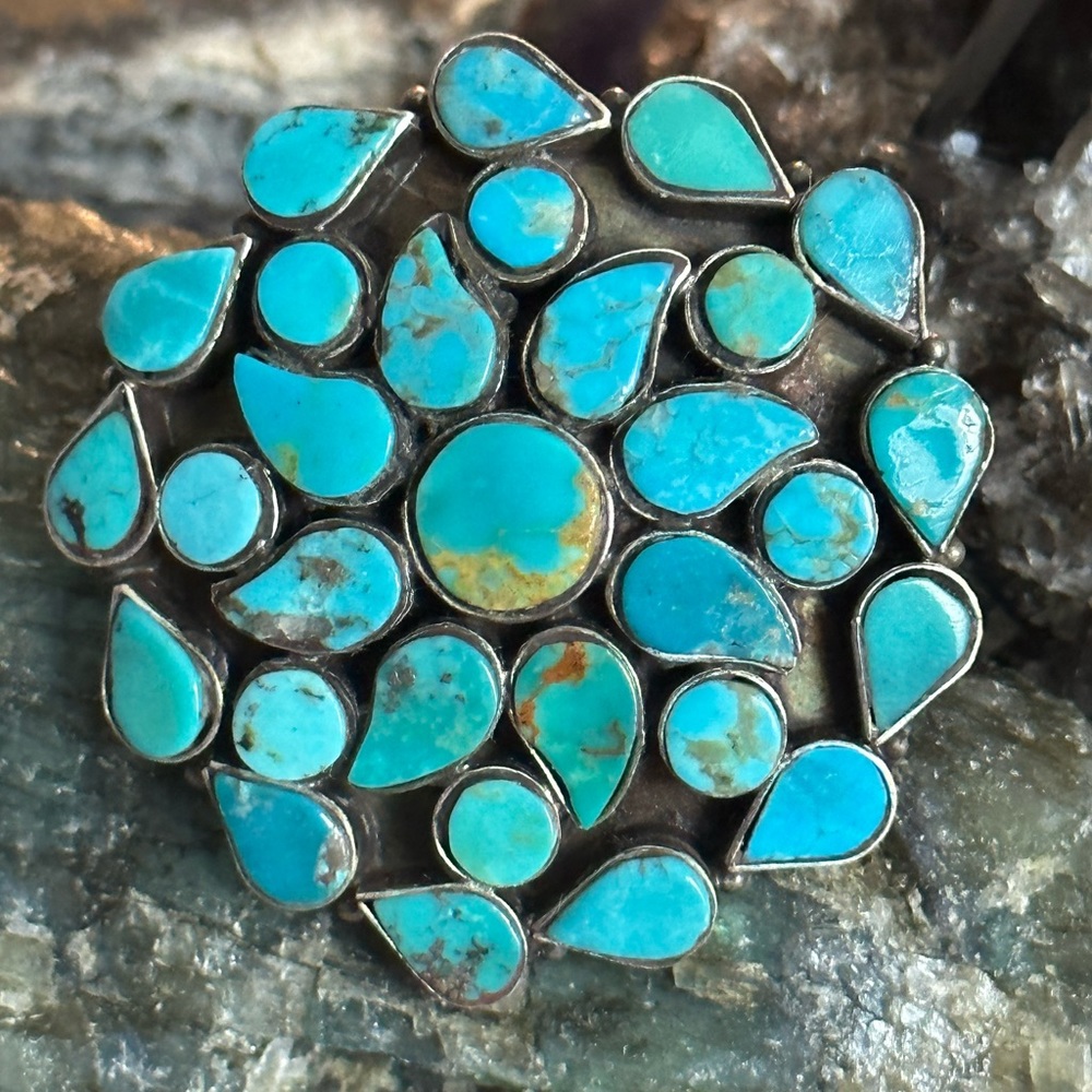 Blue turquoise inlay tile sterling silver statement ring